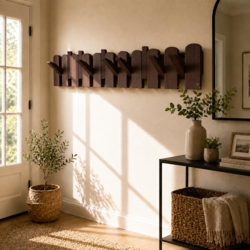 Wooden Coat Rack Wall Mount, Flip-Down Hooks, Walnut, 10 Hooks - Image 5