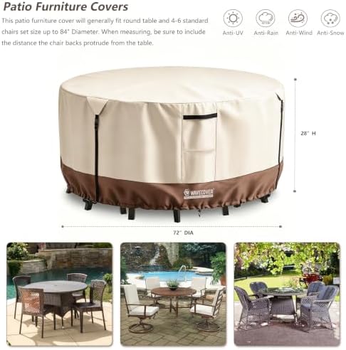72 Inch Round Patio Table Cover, 600D Heavy Duty Waterproof Outdoor Furniture Cover — Fits Round Patio Table for Patio Furniture 72"Dia x 28"H, All Weather Protection, Beige - Image 3