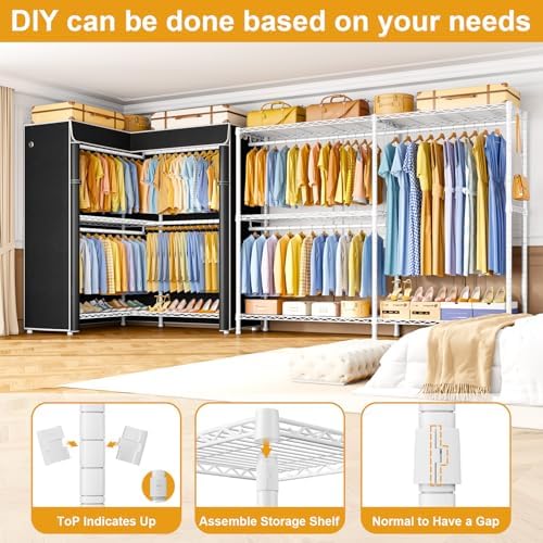 ULIFHOME E15C Pro Garment Rack L Shaped Clothes Rack for Corner，Freestanding Clothing Racks for Hanging Clothes，Heavy Duty Closet System 48.8"W x 15.8"D x 78.4"H，White Rack with Black Dustproof Cover - Image 6