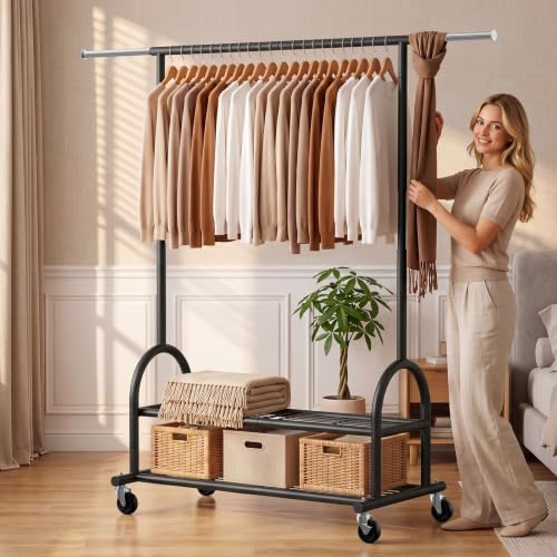Heavy Duty Metal Clothes Rack Load 586 LBS, Height‑Adjustable Rolling Garment Rack for Hanging Clothes, Sturdy Wheel Clothing Rack with 2 Shelves, Portable Closet Wardrobe Organizer Rack,Black - Image 2