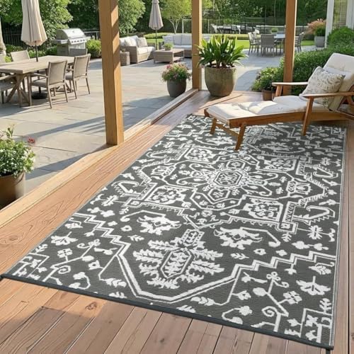 GAOMON 8x10 Grey Outdoor Rug Waterproof Boho Vintage Reversible Plastic Straw Rug Mat UV-Resistant Foldable Retro Medallion Camping Indoor Outdoor Carpet for Patio RV Deck Balcony Picnic, Grey White - Image 2