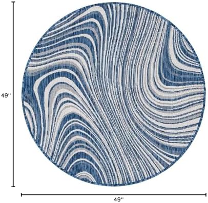 Unique Loom Outdoor Modern Collection Area Rug - Pool (4' 1" Round, Blue/ Ivory) - Image 2