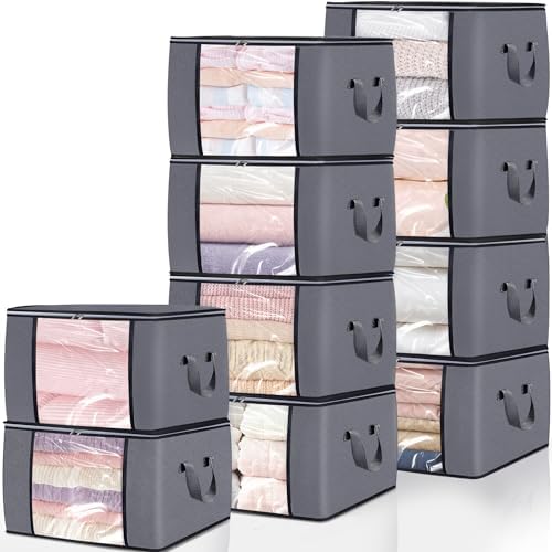 10 Pack Clothes Storage Bags, 90L Large Blanket Storage Bag Comforter Storage Bin with Reinforced Handle and Lid Foldable Closet Organizer and Storage Containers for Bedding Pillows Sheets and Duvet by BiCINE