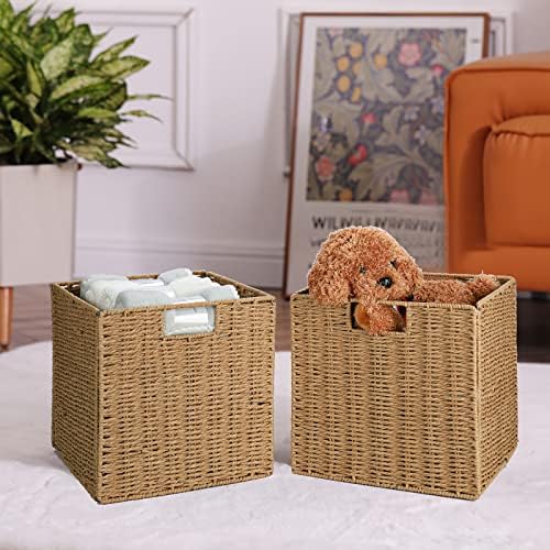 Vagusicc Wicker Baskets, Set of 2 Hand-Woven Storage Baskets for Shelves with Handles, Foldable Cube Wicker Storage Basket Bins Organizer 13 Inches Large Woven Baskets for Storage Organizing & Decor - Image 5