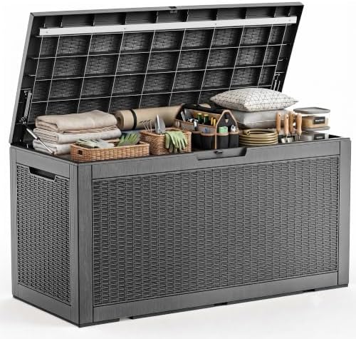 170 Gallon Resin Deck Box, Lockable Waterproof UV‑Resistant Outdoor Storage Outside Bench for Patio Porch, Pool Floats, Garden Tools & Cushions, Black by MAIUSCOLI