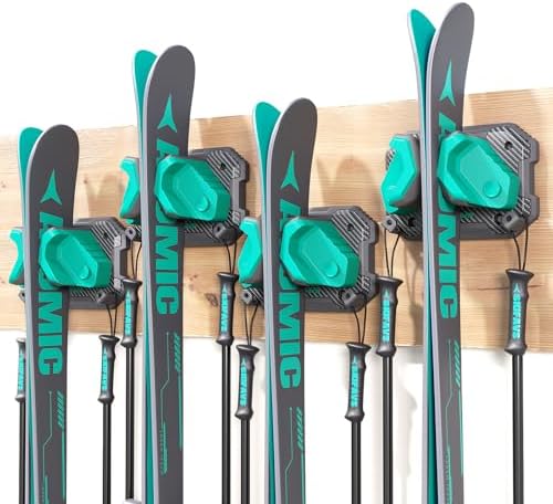 Ski & Snowboard Wall Rack for Garage Wall Fits Any Ski/board, Ski Wall Mount Holders Damage-Free Storage Rack, Garage Organization Space-Saving Winter Gear Organizer, Green, 4 Pack by SkifavsSkiWallMount