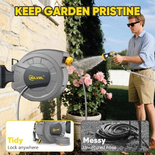 Retractable Garden Hose Reel, 1/2" x 130ft Wall Mount Heavy Duty Automatic Hose Reel with 10 Pattern Nozzle, Any Length Lock & Slow Return System, 180°Swivel Bracket Upgraded UV Resistant,Yellow - Image 2