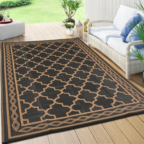 GAOMON Outdoor Rug 10x20 ft Waterproof Reversible Patio Carpet, Extra Large Plastic Straw Outdoor Rug for Deck, Backyard, RV & Camping, UV Resistant Indoor Outdoor Area Rug,Geometric-Black&Brown - Image 5