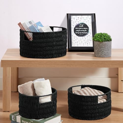Vagusicc Wicker Storage Basket, Hand-Woven Paper Rope Large Round Woven Basket With Handles, Wicker Baskets for Organizing/Storage, Black, 3-Pack - Image 5