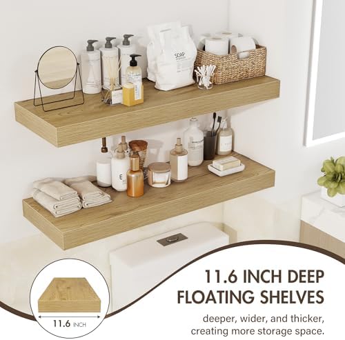 Acovy 24 Inch Floating Shelves, 12" Deep Floating Shelf Wall Mounted, 24" Wall Shelves, Rustic Deep Bookshelf, Extra Deeper & Thicker Display Shelves for Bedroom, Living Room, Oak, Set of 2 - Image 5