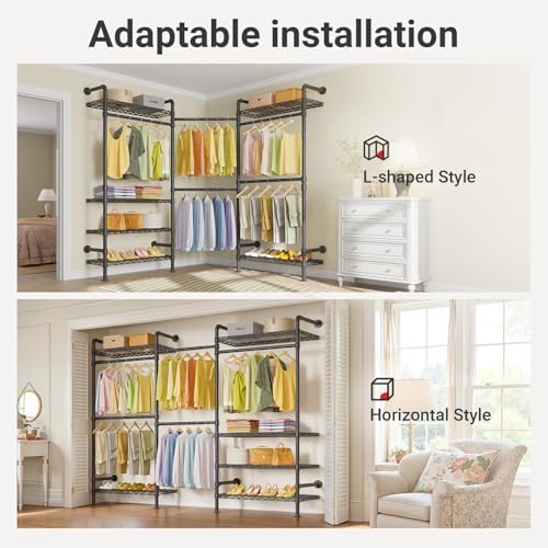 Timate F3 Garment Rack Heavy Duty Clothes Rack for Hanging Clothes, Expandable Industrial Pipe Wall Mounted Clothing Racks, Adjustable Storage Wardrobe Closet Kit Walk in Closet Systems, Black - Image 2
