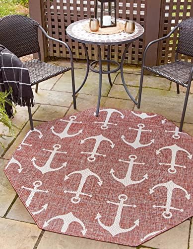 Unique Loom Outdoor Coastal Collection Area Rug - Ahoy (7' 10" Octagon, Rust Red/ Ivory) by UniqueLoom