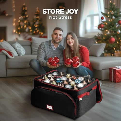 HOLDN’ STORAGE Premium Christmas Ornament Storage Box – Holds up to 72 4” Ornaments, Durable 600D Fabric, Adjustable Dividers, 3 Removable Trays – Metal Frame – Black - Image 3