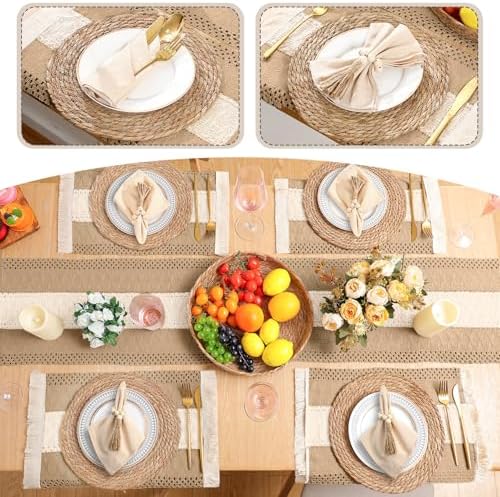 6 Sets Boho Placemat Table Runner Napkin Rings, Neutral, 12x72 - Image 6