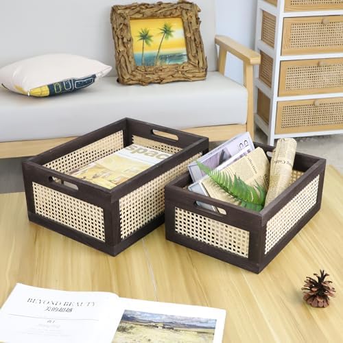 Rattan Wooden Storage Basket with Handle, Brown Set of 2 - Image 6