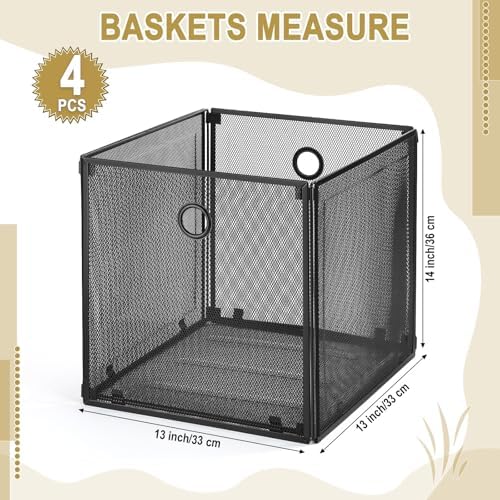 4 Pcs Foldable Metal Cube Storage Baskets, 13x13in, Black - Image 2