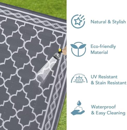 Reversible Mat 8x10 Plastic Straw Rug Outdoor Moroccan Trellis Area Rug Waterproof Patio Rug Outdoor Camping Rug for RV Porch Deck Camper Balcony Backyard Easy Cleaning Picnic Mat Grey White - Image 7