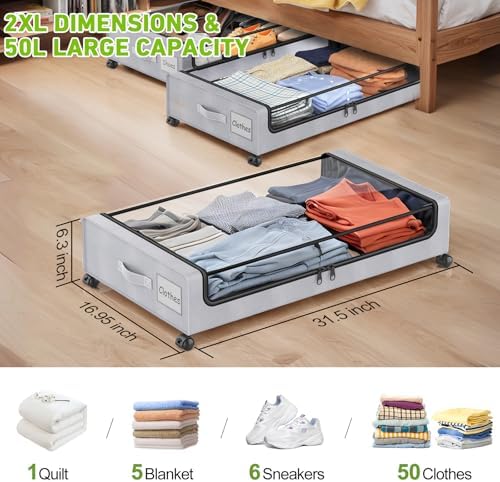 Molutsody Under Bed Storage with Wheels, 4-Pack Underbed Storage Containers with Clear Lids, Under Bed Shoe Storage Organizer, Rolling Under Bed Storage for Clothes Shoes Blankets (Grey) - Image 2