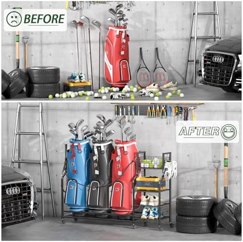 DAOUTIME Golf Bag Storage Rack for Garage with Wheels, Organizer for Golf Bag and Equipment Accessories, Golf Organizer Stand Ideal for Home, Garage, Club, Shed, Basement - Sturdy and Durable (Black) - Image 5