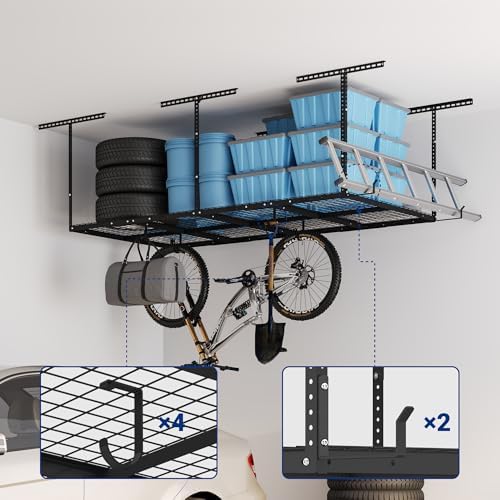 FLEXIMOUNTS 4x8 Overhead Garage Storage Rack with Hooks, Black - Image 2