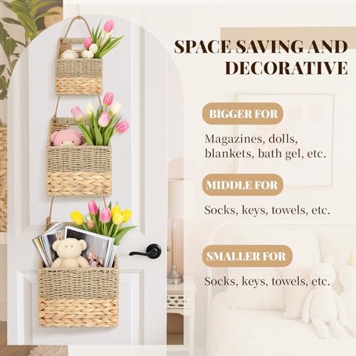 Cinnvoice Set of 3 Wicker Wall Magazine Basket, Magazine Holder Water Hyacinth Storage Baskets for Mail, Files, Books & Accessories Wall-mounted Organizer for Door Home, Office Organization - Image 5