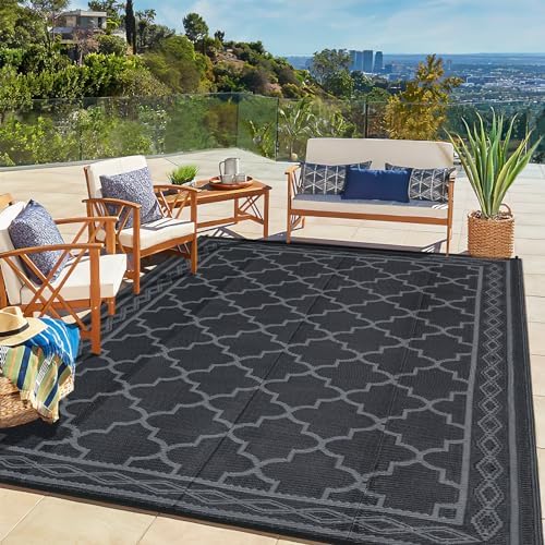 GlowSol Outdoor Rug 6x9 for Patios Waterproof Mat Outdoor Plastic Straw Rug Clearance, Reversible Carpet for Rv,Modern Outside Carpet for Porch, Deck, Camper, Balcony, Backyard, Picnic,Black Grey by GLOWSOL
