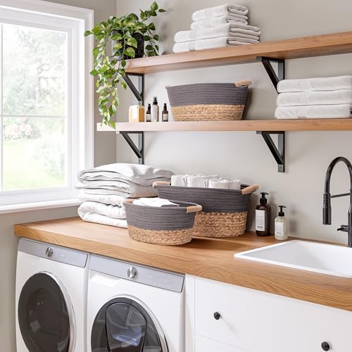 Seville Classics Premium Natural Handwoven Portable Laundry Bin Basket with Carrying Handles, Household Storage for Clothes, Linens, Sheets, Natural Water Hyacinth and Gray Rope, 3 Piece Set - Image 3
