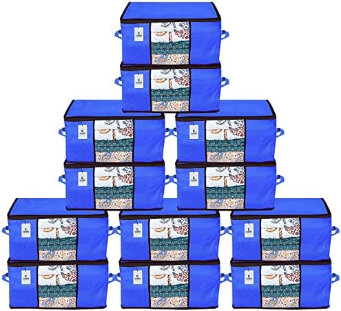 Kuber Industries Underbed Storage Bag|Organizer For Clothes Large|Non-Woven Comforter, Blanket Cover|Transparent Window & Premium Zipper|Side Handles|Pack of 12 (Blue) by Kuber+Industries