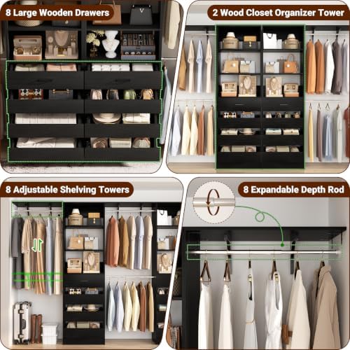 Aheaplus Closet System, Wood Closet Organizer System with Drawers, Black - Image 2