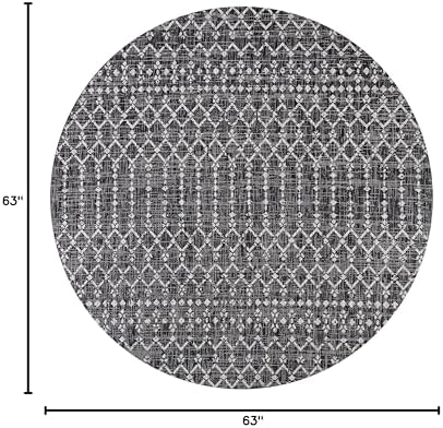 Eyely Moroccan Textured Weave Round Rug 5 Ft Black/Gray, Indoor Outdoor Rug - Image 2