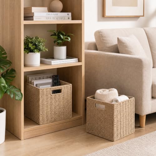 13x13x13 Inch Wicker Storage Basket Set of 2, FAAYUCK Handwoven Storage Cube Bins with Handle for Shelves, Foldable Wicker Organizer Basket for Bedroom, Laundry, Livingroom - Image 6