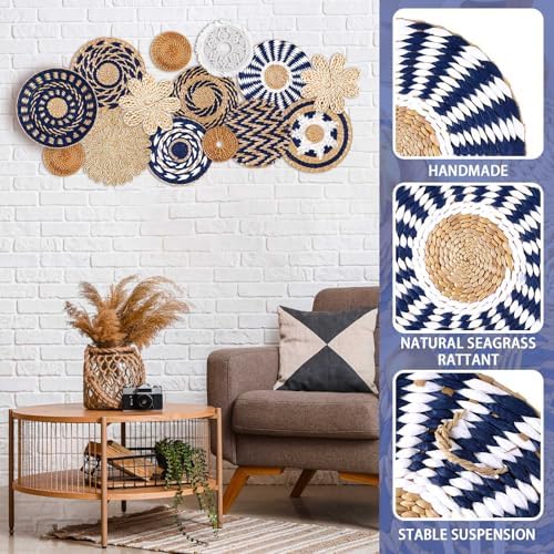 Xuhal 15 Pcs Boho Wall Basket Decor Handcrafted Seagrass Woven Wall Basket Rustic Round Woven Hanging Art for Home Farmhouse Kitchen Table Living Room(Blue Classic Style) - Image 4