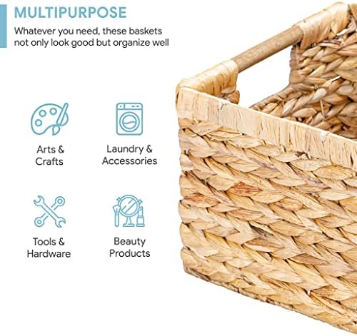 Large Wicker Basket Rectangular with Wooden Handles for Shelves, Water Hyacinth Basket Storage, Natural Baskets for Organizing, Wicker Baskets for Storage 14.5 x 10.3 x 7.5 inches - 3 Pack - Image 2