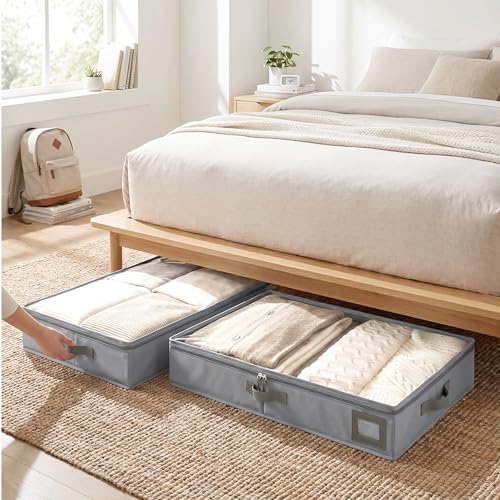 6" Versatile Under Bed Storage Bins (3-Pack, Charcoal Grey), Sturdy 600D Oxford Fabric Clothes Organizer Containers with Matching Vegan Leather Handles for Sweaters, Linens & Bedding - Image 5