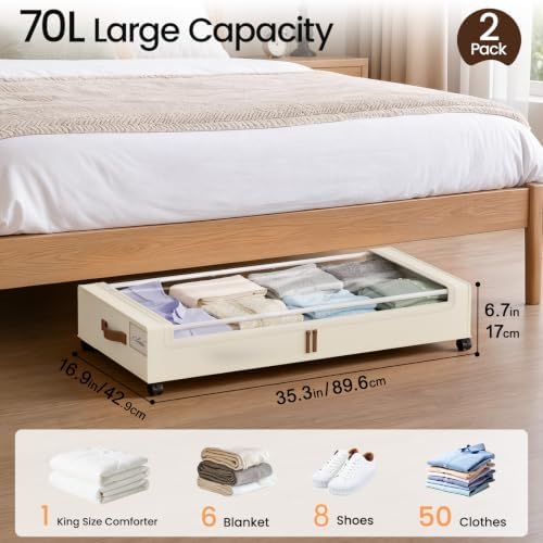 Yecaye 70L Large Under Bed Storage Containers with Wheels, 2 Pack, Beige - Image 2