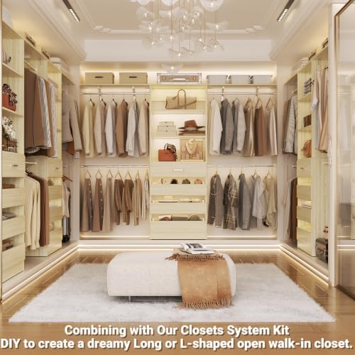 Aheaplus Closet System with Drawers Set of 2, Wood Closet Organizer System with 8 Hanging Rods & Top Shelves, Walk-in Closets Organizer Wardrobe Clothes Rack, Cut Fits Spaces 4-9FT. Wide, White Oak - Image 4