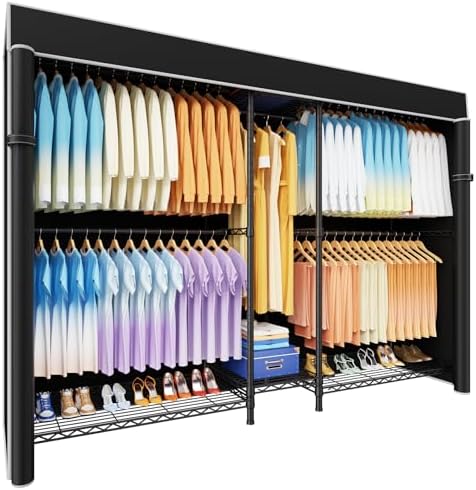 Ulif E12C Max Heavy Duty Closet Organizer System，Freestanding Clothing Rack, Adjustable Garment Rack 83" W x 16" D x 76.5" H Holds 1060 lbs, Black Clothing Rack with Black Dustproof Cover by Ulif