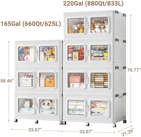 BROVIEW 385Gal Storage Bins, 1540Qt Extra Large Stackable Storage Box with Lids & Wheels - Heavy Duty Collapsible Plastic Cabinets, Open Front Door for Sundries in Home & Office, White 7 Pack - Image 2