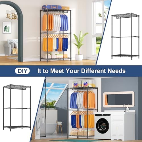 Ulif E12 Pro Clothes Rack，Heavy Duty Freestanding Garment Rack with Shelves，Metal Clothing Closet Storage System for Hanging Clothes，71" W x 16" D x 76.5" H, Hold 960 lbs，Black - Image 5