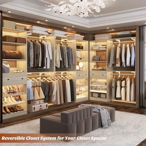 Closet System with Drawer - Reversible 5FT Wood Closet Organizer System with 2 Hanging Rods and Adjustable Shelf, Walk In Closet Organizers with Shoe Rack, Built-In Garment Rack, White Oak - Image 4