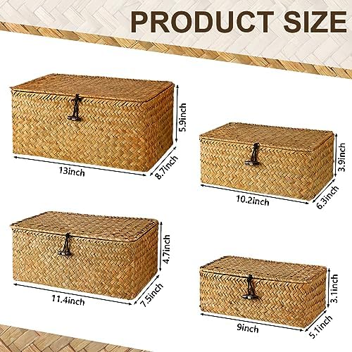 Woanger Set of 4 Wicker Baskets with Lids, Orange - Image 2