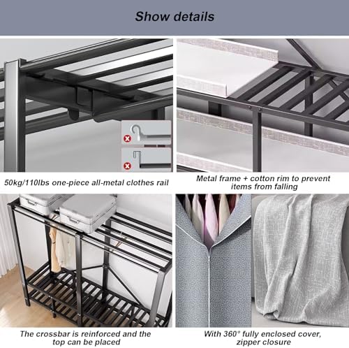 FPIGSHS Portable Wardrobe Closet Rack,1100lbs,Heavy-Duty Foldable Garment Rack With Cover，Freestanding Clothes Organizer System,enclosed Curtain Armoires For Hanging Clothes For Bedroom (150cm/59in) - Image 5