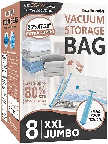 8 XXL Jumbo Vacuum Storage Bags for Bedding, Space Saver with Hand Pump by CozyEssential