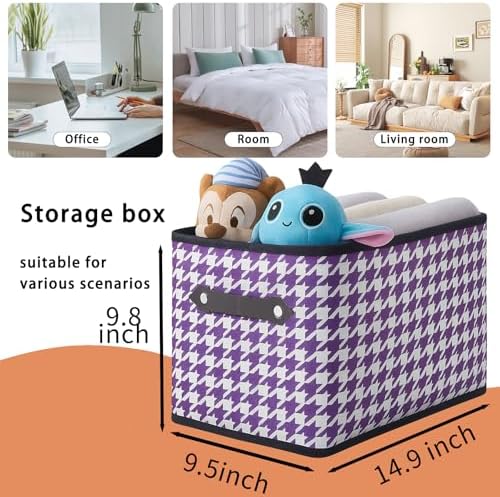 6 Pack Large Collapsible Storage Baskets for Shelves,14.9"x9.5" Fabric Closet storage Boxes with Leather Handles,Decorative Organizers Storage Bins for Clothes,Sheets,Books,(Purple Houndstooth - Image 2