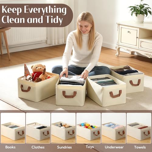 VZZNN 10 Pack Fabric Storage Bins for Shelves, Medium Closet Organizer Baskets with Sturdy Handles, Collapsible Clothes Bins for Closet Organization, Beige 15"x10"x8" - Image 2