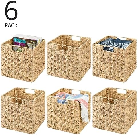 mDesign Natural Woven Hyacinth Cube Organizer Basket with Handles, Storage for Bathroom, Laundry Room Shelf or Nursery - Perfect for Cubby Storage Units - Hold Blankets and Books - 6 Pack, Natural/Tan - Image 2