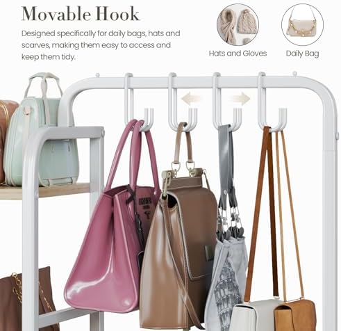 Purse Organizer for Closet, with Bottom Drawer, Extra Large Capacity 3 Tier Handbag Storage Rack for Women, 10 Purse Hanger and Hooks for Bag Organizer, Floor-Standing, Home, Living Room (Wooden) - Image 5