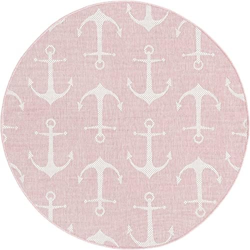 Unique Loom Outdoor Coastal Collection Area Rug - Ahoy (5' 3" Round, Pink/ Ivory) - Image 3