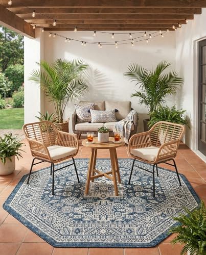 Rugs.com - Outdoor Aztec Rug – 5 Ft Octagon Blue Indoor/Outdoor Rug – Weather Resistant Flatweave for Patio, Deck, and Porch by Rugscom