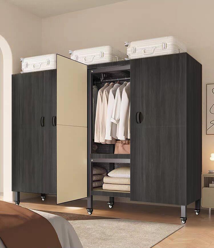 Foldable Portable Closet Wardrobe on Wheel 2000Ibs Heavy-Duty Clothe Rack with Cover Freestanding Metal Clothing Rack Armoire Storage System Rolling Garment Racks (Wood Grain Black, 59in) - Image 2